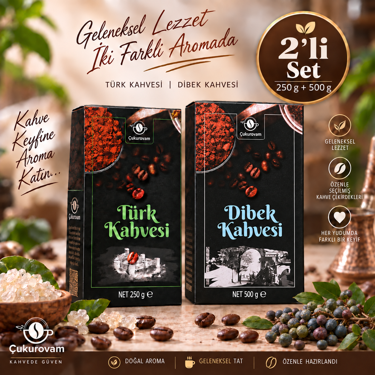 250 g Türk Kahvesi ve 500 g Menengiç Kahvesinden oluşan Türk kahvesi ve menengiç kahvesi seti