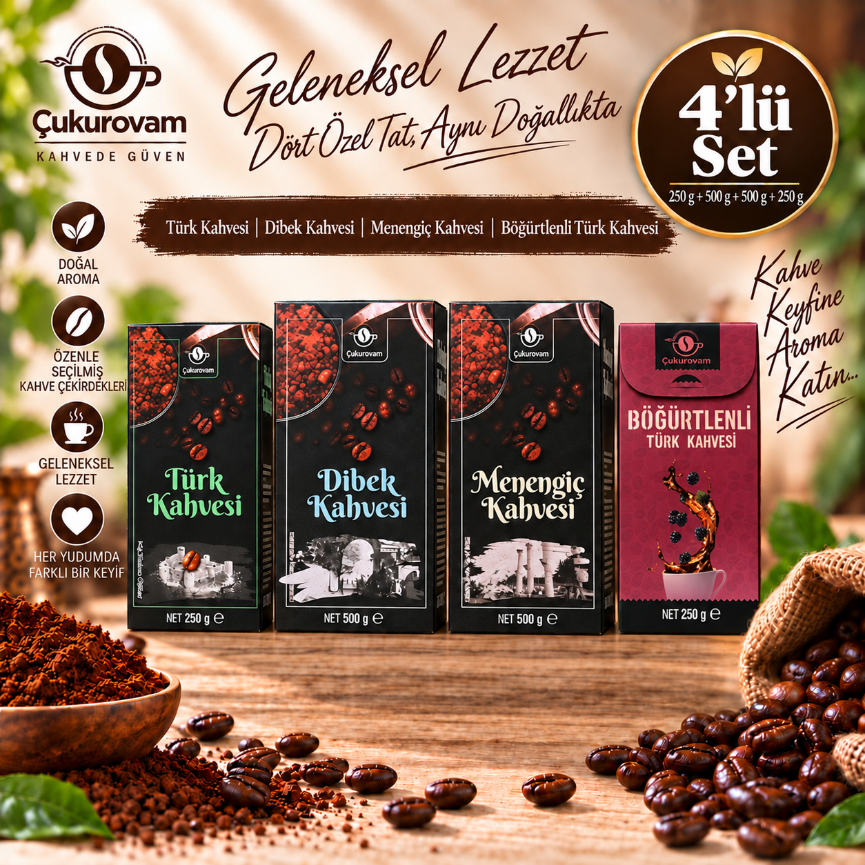 1xKutu Türk Kahvesi 250g 1xMenengiç Kahvesi 500g 1xDibek Kahvesi 500g 1xBöğürtlen Aromalı Türk Kahvesi 250g 4'lü Set