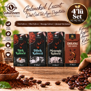 1xKutu Türk Kahvesi 250g 1xMenengiç Kahvesi 500g 1xDibek Kahvesi 500g 1xÇikolata Aromalı Türk Kahvesi 250g 4'lü Set