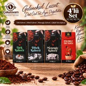 1xKutu Türk Kahvesi 250g 1xMenengiç Kahvesi 500g 1xDibek Kahvesi 500g 1xÇilek Aromalı Türk Kahvesi 250g 4'lü Set
