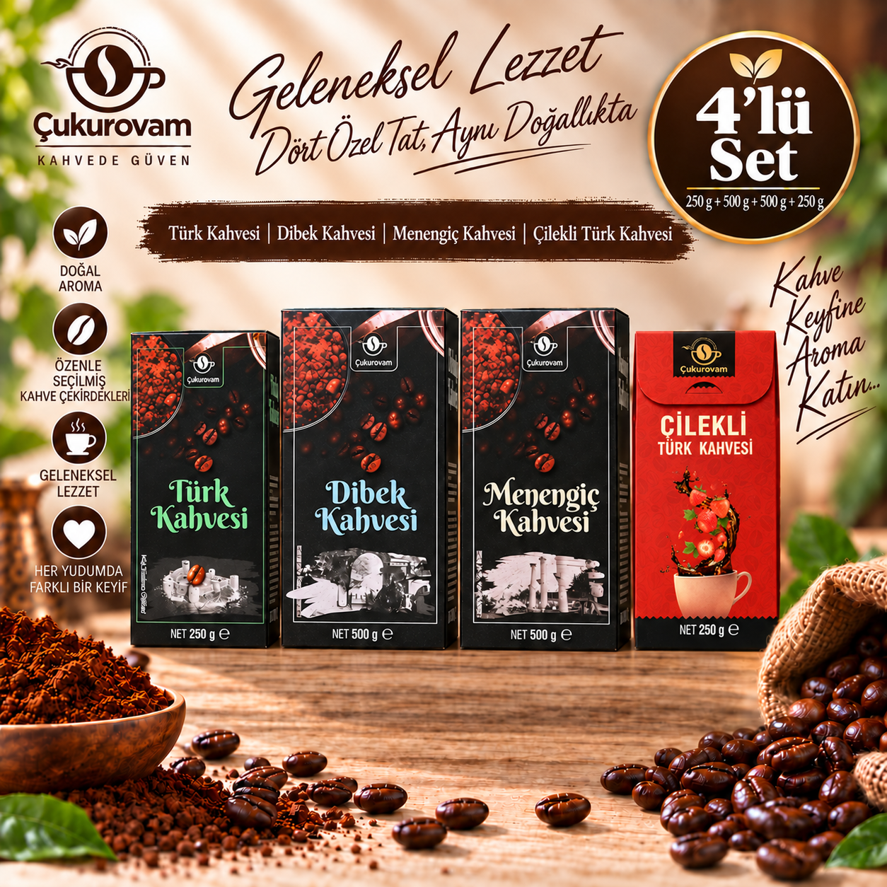1xKutu Türk Kahvesi 250g 1xMenengiç Kahvesi 500g 1xDibek Kahvesi 500g 1xÇilek Aromalı Türk Kahvesi 250g 4'lü Set