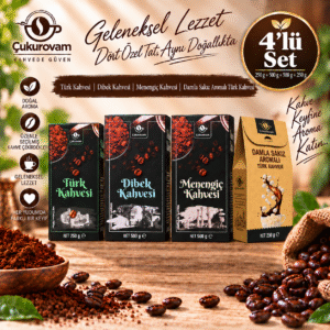 1xKutu Türk Kahvesi 250g 1xMenengiç Kahvesi 500g 1xDibek Kahvesi 500g 1xDamla Sakızı Aromalı Türk Kahvesi 250g 4'lü Set
