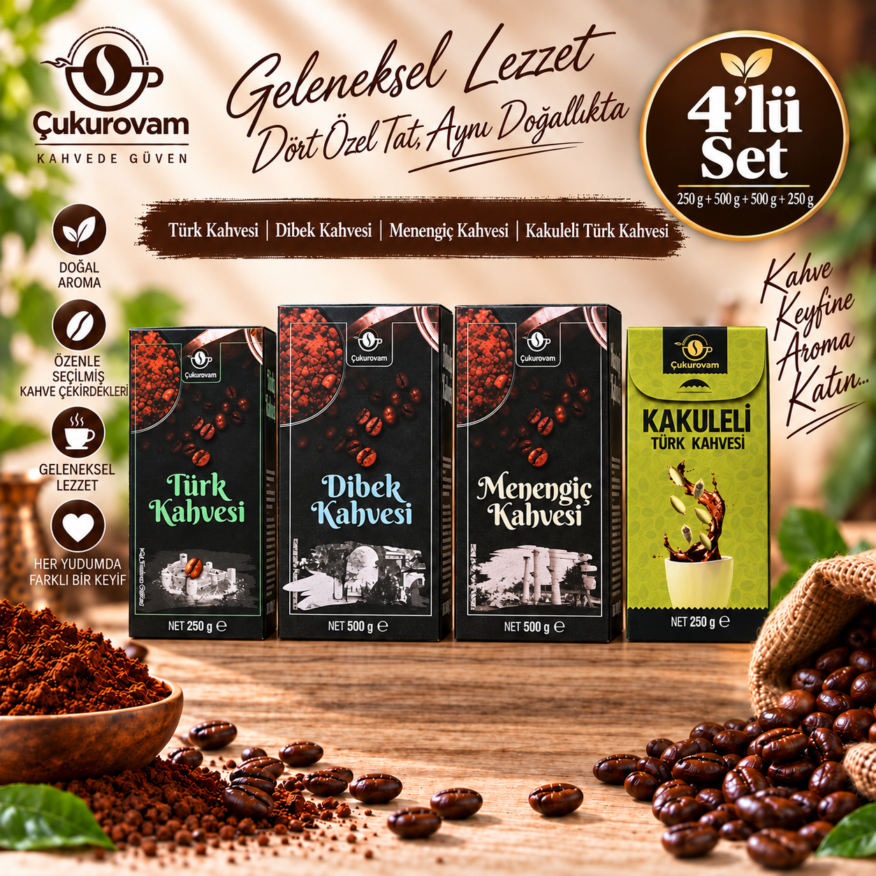 1xKutu Türk Kahvesi 250g 1xMenengiç Kahvesi 500g 1xDibek Kahvesi 500g 1xKakule Aromalı Türk Kahvesi 250g 4'lü Set