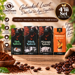 1xKutu Türk Kahvesi 250g 1xMenengiç Kahvesi 500g 1xDibek Kahvesi 500g 1xPortakal Aromalı Türk Kahvesi 250g 4'lü Set