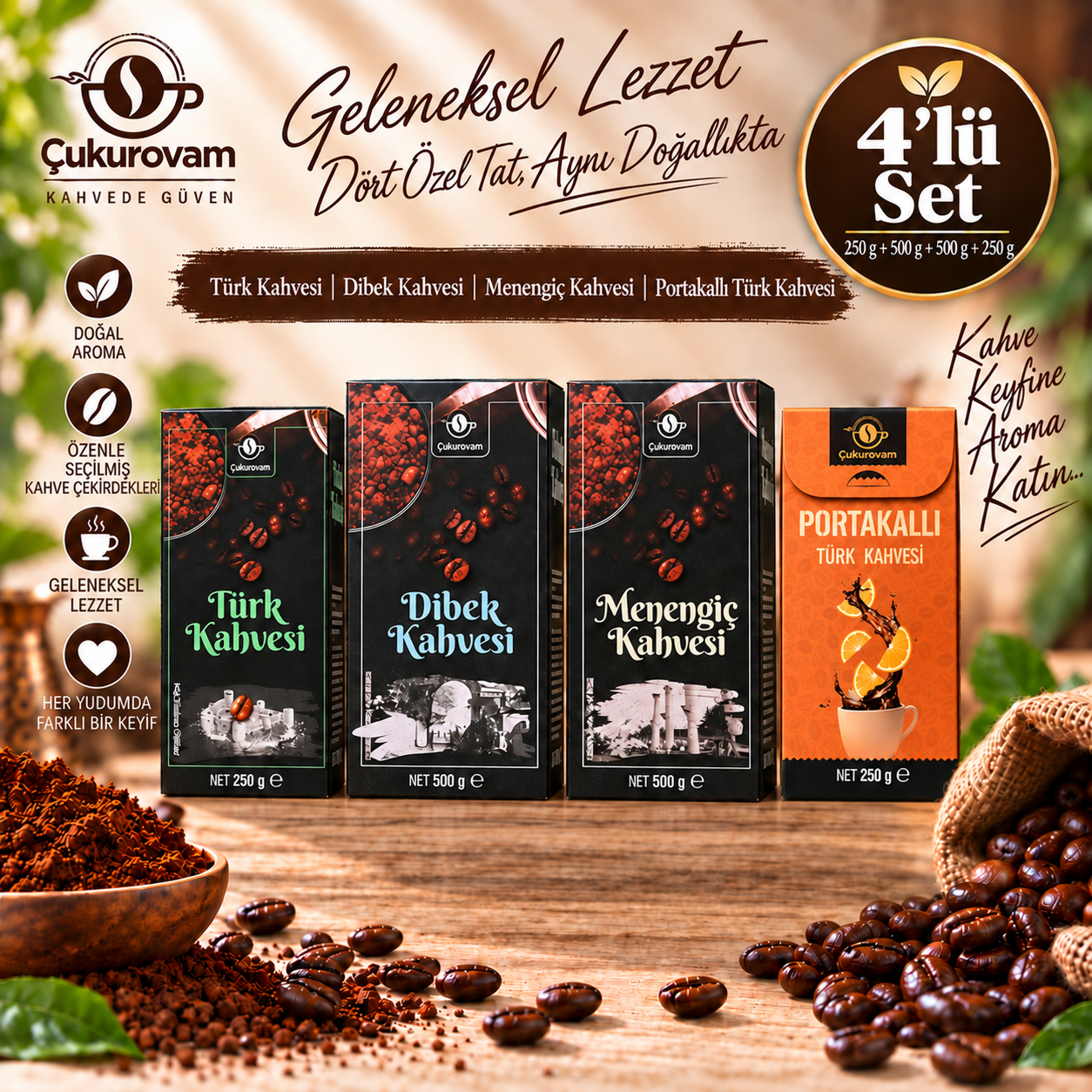 1xKutu Türk Kahvesi 250g 1xMenengiç Kahvesi 500g 1xDibek Kahvesi 500g 1xPortakal Aromalı Türk Kahvesi 250g 4'lü Set