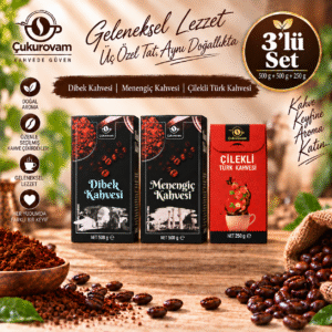 1xMenengiç Kahvesi 500g 1xDibek Kahvesi 500g 1xÇilek Aromalı Türk Kahvesi 250g 3'lü Set