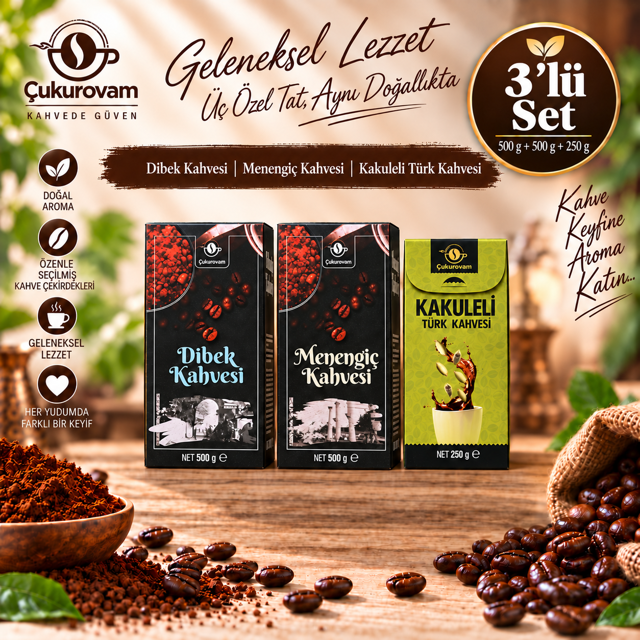 1xMenengiç Kahvesi 500g 1xDibek Kahvesi 500g 1xKakule Aromalı Türk Kahvesi 250g 3'lü Set