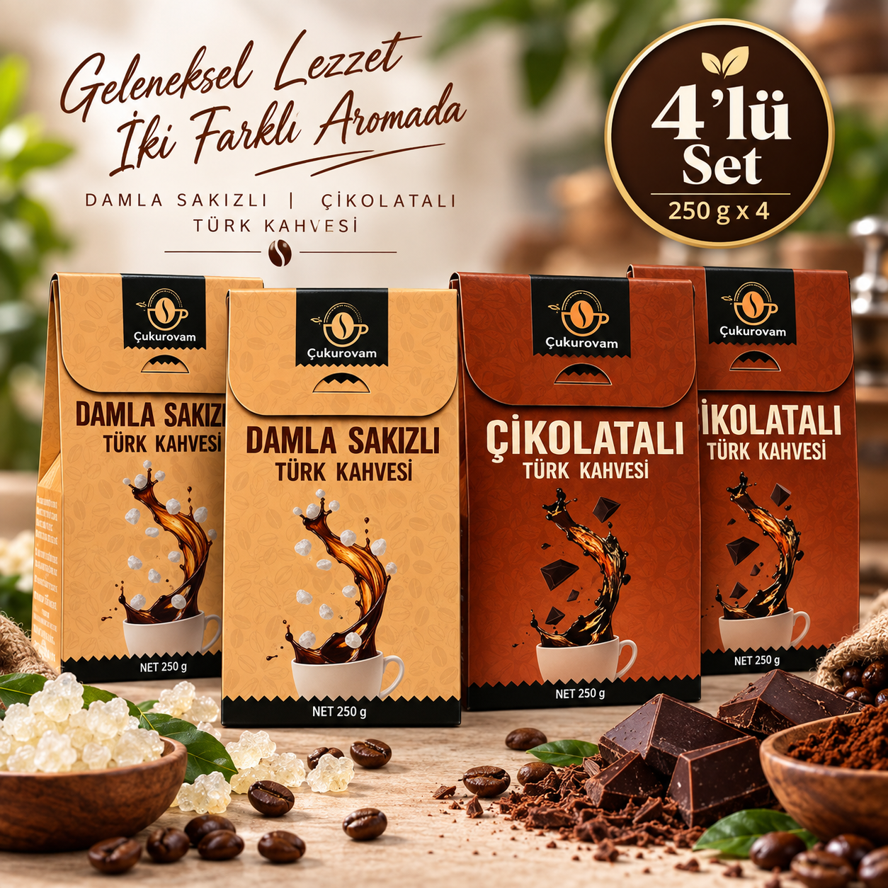 Çukurovam Kahve damla sakızı ve çikolata aromalı Türk kahvesi seti