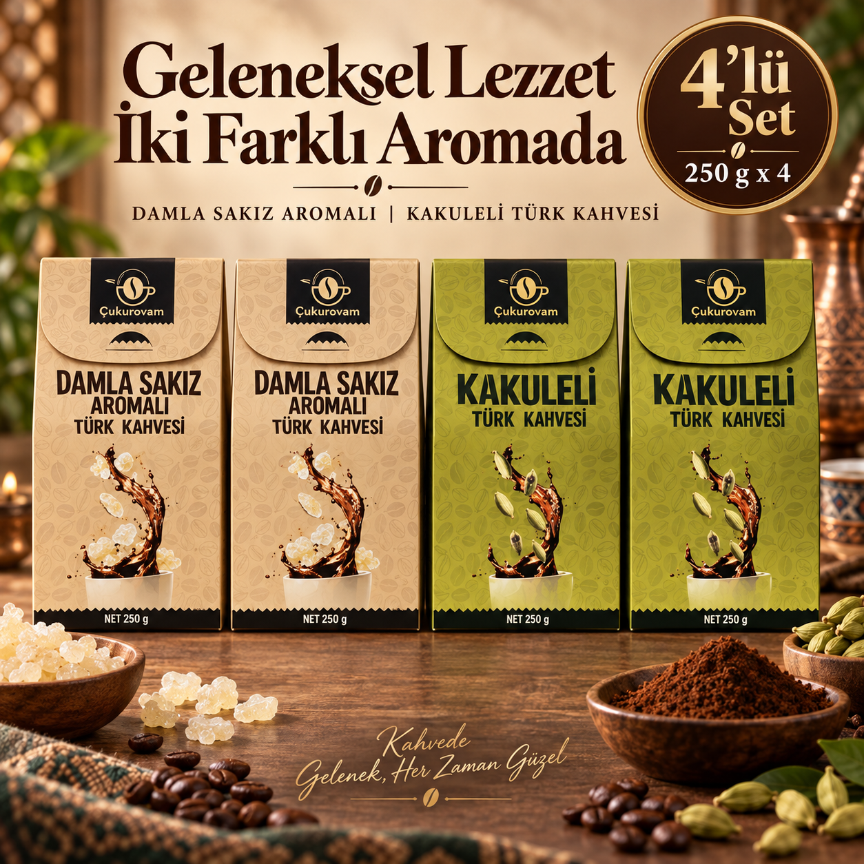 2xDamla Sakızı Aromalı Türk Kahvesi 250g 2xKakule Aromalı Türk Kahvesi 250g 4'lü Set