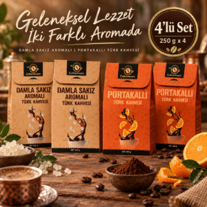 2xDamla Sakızı Aromalı Türk Kahvesi 250g 2xPortakal Aromalı Türk Kahvesi 250g 4'lü Set