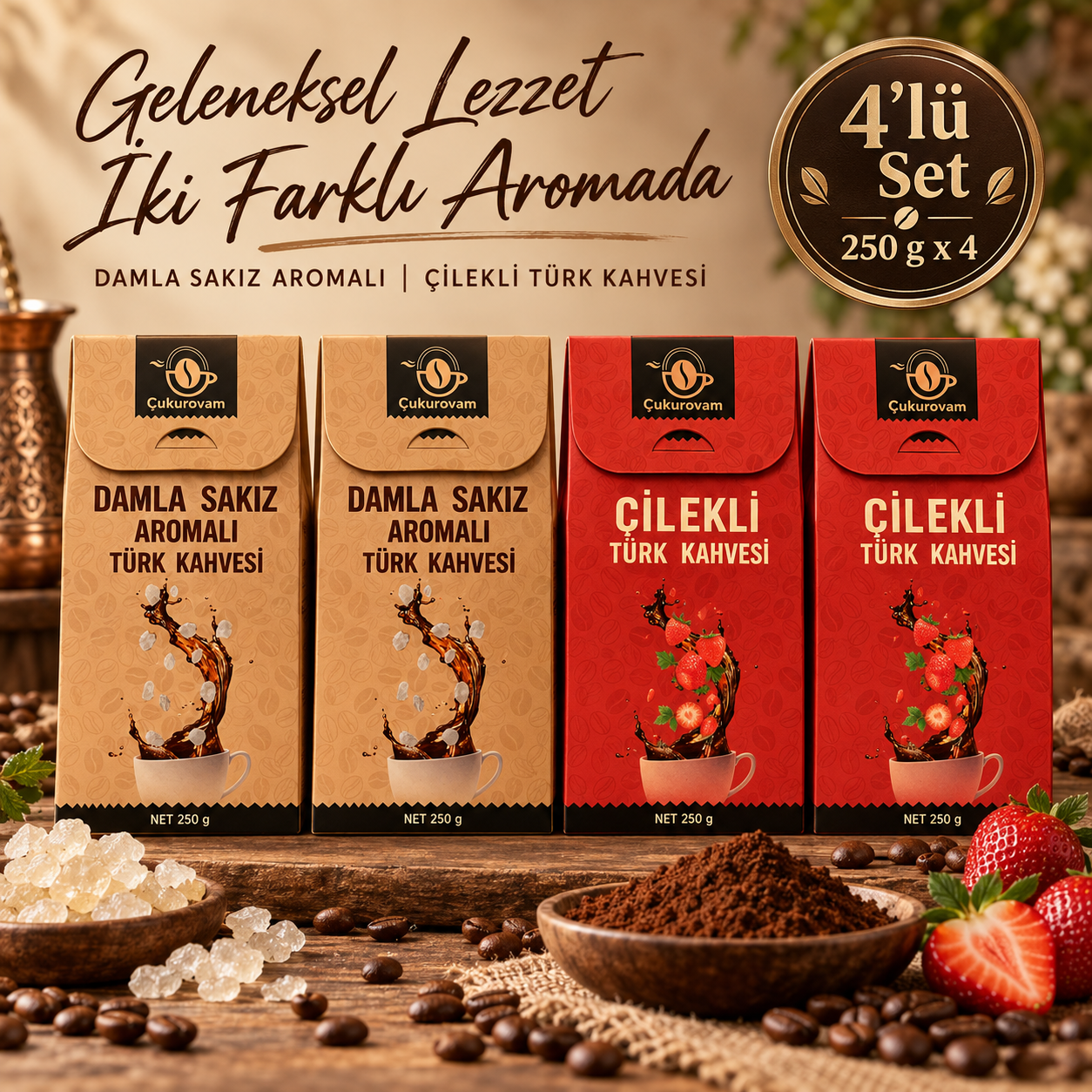 2xDamla Sakızı Aromalı Türk Kahvesi 250g 2xÇilek Aromalı Türk Kahvesi 250g 4'lü Set