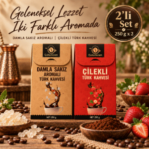 Çukurovam Kahve aromalı Türk kahvesi seti; 250 g damla sakızlı ve 250 g çilek aromalı Türk kahvesi