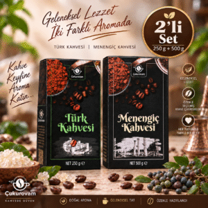 250 g Türk Kahvesi ve 500 g Menengiç Kahvesi içeren Türk kahvesi ve menengiç kahvesi seti