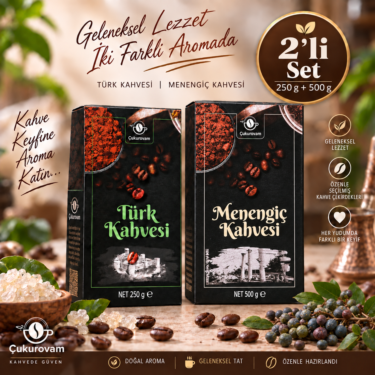 250 g Türk Kahvesi ve 500 g Menengiç Kahvesi içeren Türk kahvesi ve menengiç kahvesi seti