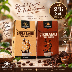 Çukurovam Kahve aromalı Türk kahvesi seti, 250 g damlasakız aromalı ve 250 g çikolata aromalı Türk kahvesi