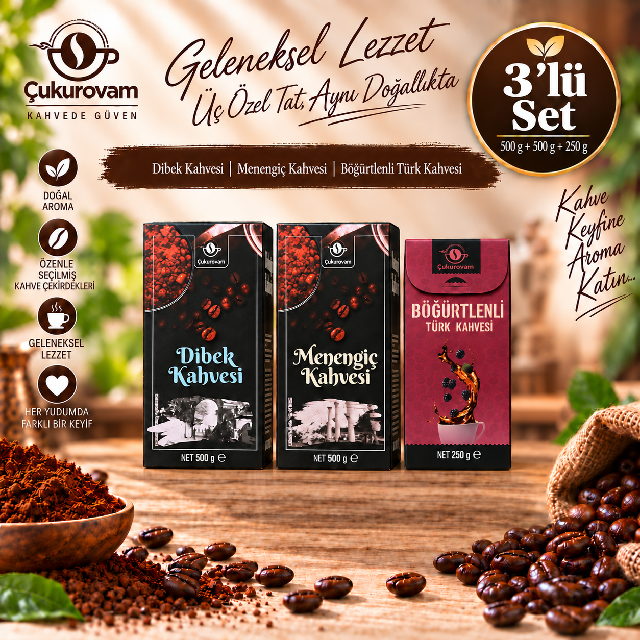 Çukurovam Kahve 3'lü kahve seti: 500 g Menengiç Kahvesi, 500 g Dibek Kahvesi ve 250 g Böğürtlen Aromalı Türk Kahvesi