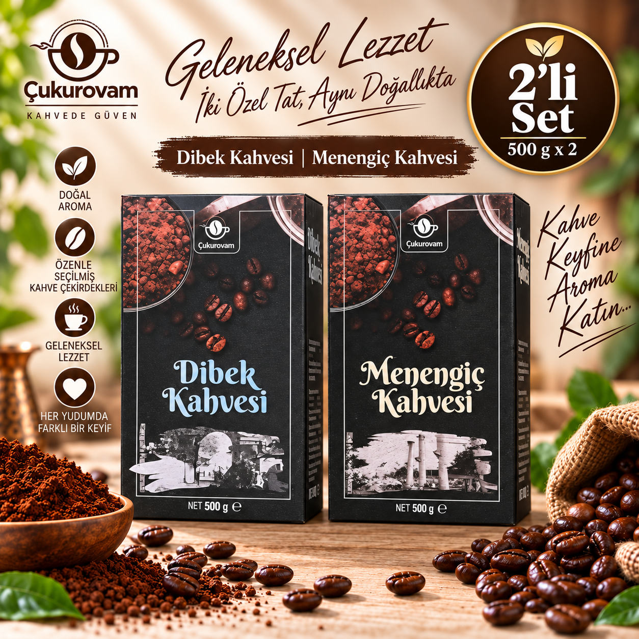 Çukurovam Kahve 1xDibek 1xMenengiç 500 g + 500 g ikili kahve seti